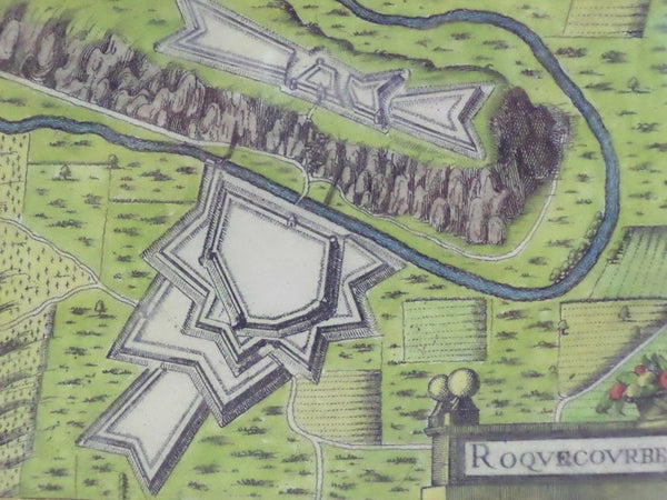Hand Colored 1636 Print, Map of Roquecourbe, from 'Les plans et profils de toutes les principales villes et lieux considerables de France'