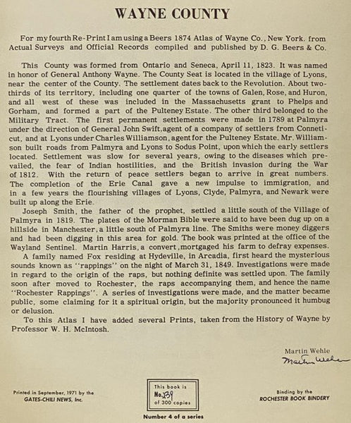 Atlas of Wayne Co. [County] New York. From Actual Surveys and Official Records (Reprint Series Number 4)
