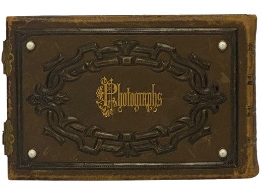 19th Century Photograph Album with Decorative Brass Clasps, Embossed Design with Inlays, Gilt Gauffered Edges