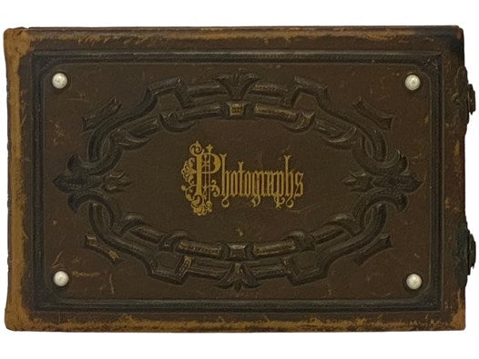 19th Century Photograph Album with Decorative Brass Clasps, Embossed Design with Inlays, Gilt Gauffered Edges
