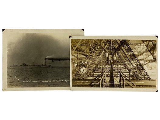 Two Original Rell S. Clements Photographs, 1920s: U.S.S. Shenandoah Moored to Mast on U.S.S. Patoka; Interior View of Keel Showing Arrangement of Fuel and Oil Tanks - Bunks - Telephone and Water Supply - Walkway 10" Wide Shown in Center