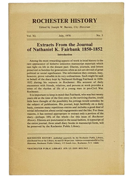 Extracts from the Journal of Nathaniel K. Fairbank, 1850-1852 (Rochester History, July, 1978, Vol. XL, No. 3)
