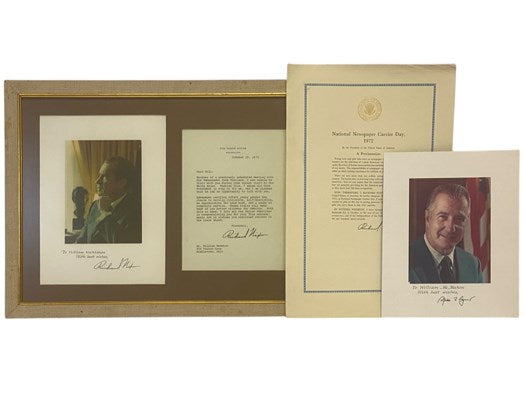 October 19, 1972 Framed Letter and Photograph of President Richard M. Nixon, with Photo of Vice President Spiro Agnew, and Document in Acknowledgment of National Newspaper Carrier Day