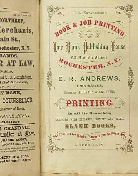 The Rochester Directory: Containing a General Directory of the Citizens, a Business Directory, and the City and County Register. No. XXII [22], for the Year Commencing July 1, 1871 [New York]