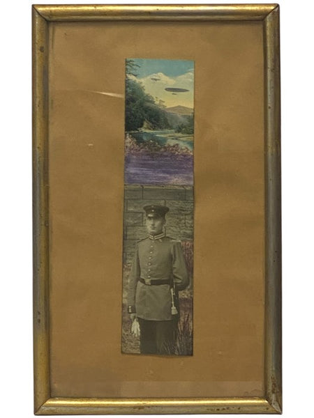 Framed World War I Era Photograph of Alfred [Anton] Max Schlaegel in His German Uniform with Colorized Background Showing Plane and Zeppelin in Distance