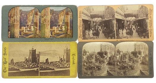 Antique Underwood & Underwood Boxed Set: Stereo Viewer and Cards with Wood Cabinet of Drawers, Including Cards Depicting Palestine, Italy, Switzerland and the Alps, etc.