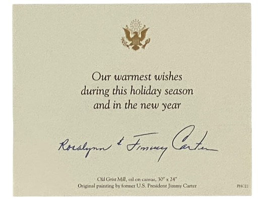 White House Holiday Postcard, Old Grist Mill, with Autopen Signatures of Rosalynn and Jimmy Carter