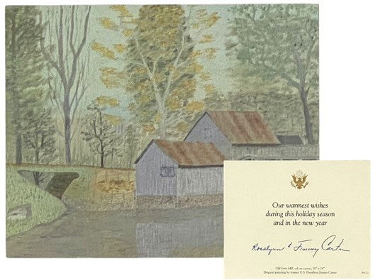 White House Holiday Postcard, Old Grist Mill, with Autopen Signatures of Rosalynn and Jimmy Carter