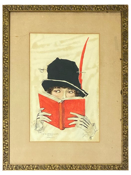 Framed Watercolor of Woman Wearing White Gloves, Black Hat with a Red Feather and a Hat Pin, Reading a Book