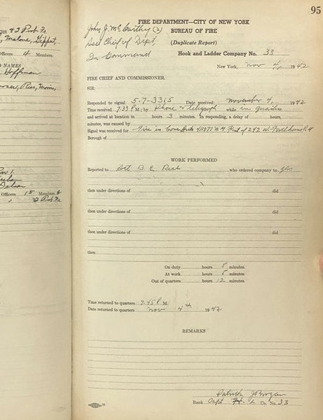 New York City (Bronx) Hook and Ladder Company No. 33 Manuscript Ledger, October 1942 - July 1943