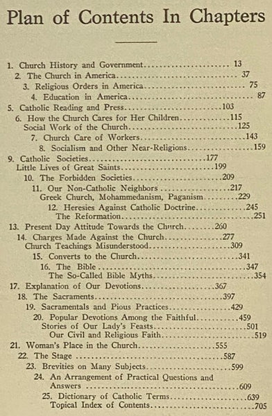 Our Faith and the Facts: Religion's Story; What Catholics Believe and Practice; Answers to Charges Made Against the Church; What We Have Done and Are Doing; A Busy Person's Reference Work; A Home Library