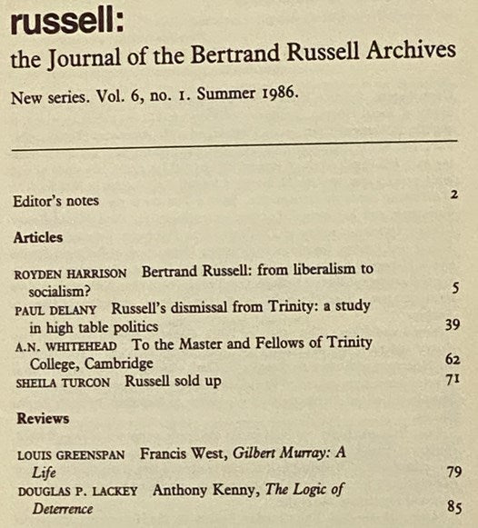 Russell: The Journal of the Bertrand Russell Archives, New Series. Vol. 6, No. 1. Summer 1986.