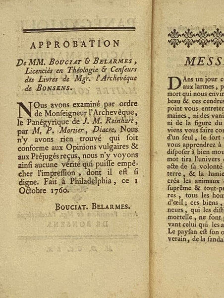 Panegyrique du Sieur Jacques Mathieu Reinhart, Maitre Cordonnier, Prononce le 13e Mois de l'an 2899. Dans la Ville de l'Imagination, Avec Permission de Mgr. l'Archeveque de Bonsens.