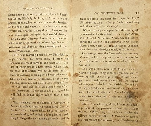 An Account of Col. Crockett's Tour to the North and Down East, in the Year of Our Lord One Thousand Eight Hundred and Thirty-Four. His Object Being to Examine the Grand Manufacturing Establishments of the Country; and Also to Find Out the Condition of It…