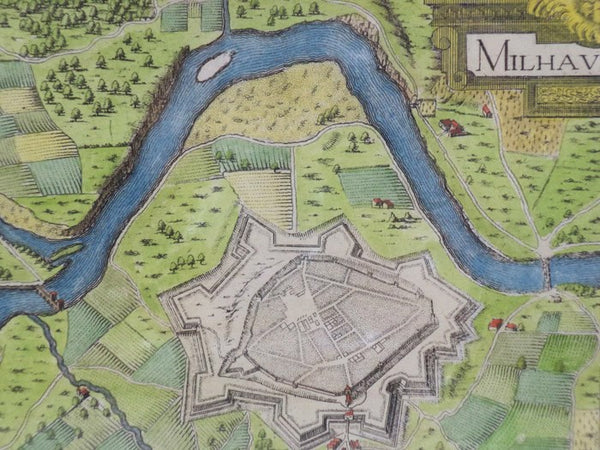 Hand Colored 1636 Print, Map of Milhau, from 'Les plans et profils de toutes les principales villes et lieux considerables de France'