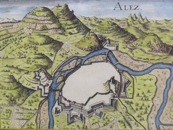 Hand Colored 1636 Print, Map of Alez, from 'Les plans et profils de toutes les principales villes et lieux considerables de France'