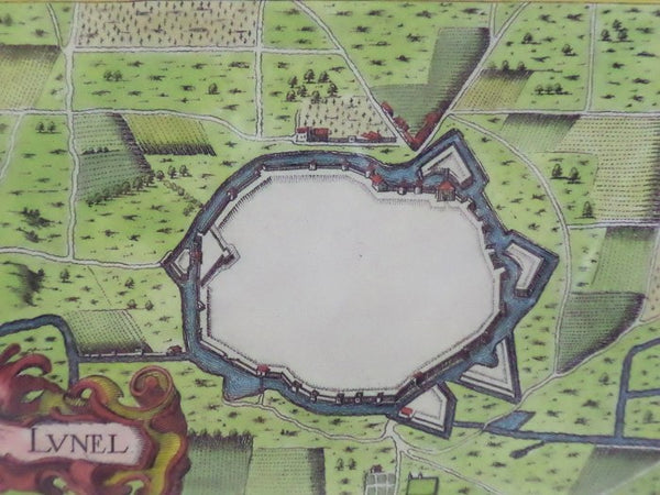 Hand Colored 1636 Print, Map of Lunel, from 'Les plans et profils de toutes les principales villes et lieux considerables de France'