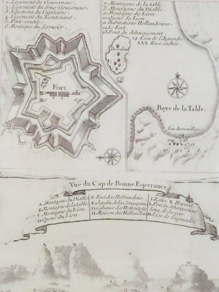 1747 Plan from Prevost's 'Histoire Generale des Voyages', Three Views: Birds'-Eye Plan; Birds'-Eye Map of Fort along 'Baye de la Table'; Vue du Cap de Bonne Esperance