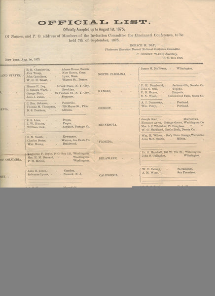 Cincinnati Convention of 1875 Official List of Names, and P.O. Address of Members of the Invitation Committee for Cincinnati Conference, to be held 7th of September, 1875