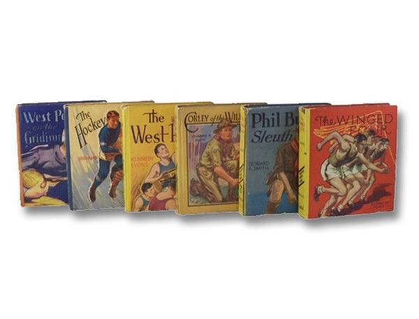Six Volume Saalfield Boys' Adventure and Sports Series Set with Book Stand: West Pointers on the Gridiron; The West Point Five; The Hockey Spare; Corley of the Wilderness Trails; Phil Burton Sleuth; The Winged Four (Saalfield 1121, 1124, 1125, 1127, 1130…