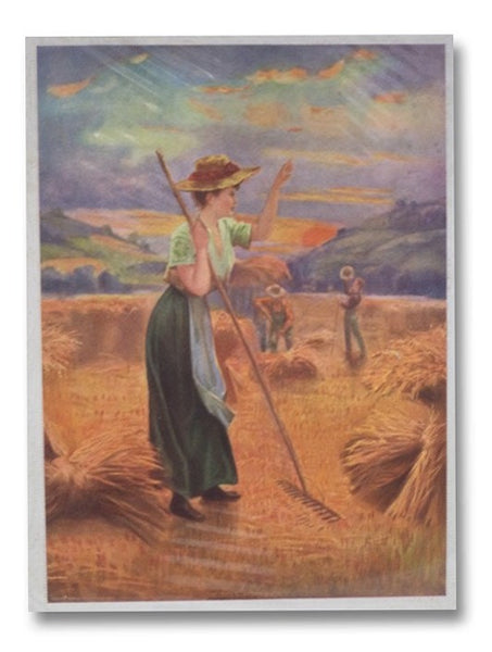The Day's Work Over: 1908 Matted Color Print of Farming Family Raking Hay