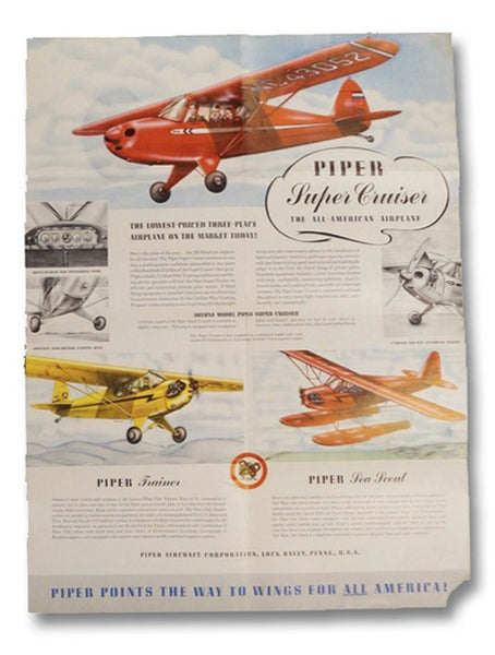 Piper Aircraft Promotional Poster, Featuring the Piper Super Cruiser, Trainer, Sea Scout, and O-59