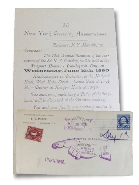 Typed Letter with Cover, Invitation to 15th Annual Reunion of the Survivors of the 3d [3rd] NY Cavalry at Newport House, Irondequoit Bay, on Wednesday, June 12th, 1895.
