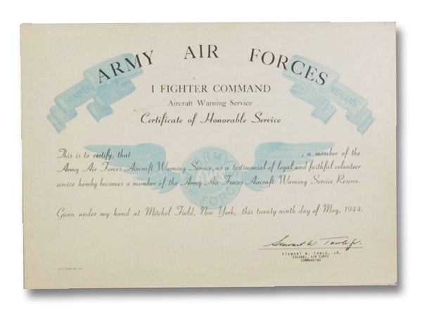Army Air Force I Fighter Command Aircraft Warning Service Certificate of Honorable Service (Mitchel Field, New York: May 29, 1944)
