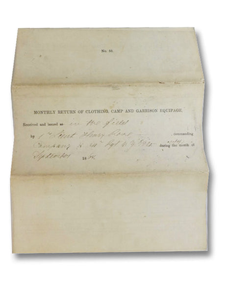 American Civil War Manuscript Document: Monthly Return of Clothing, Camp and Garrison Equipage, Completed by First Lieutenant Henry Bose on Behalf of the 41st Regiment of New York Volunteers on October 4, 1864 (No. 51)