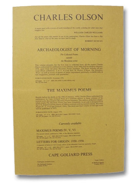 Maximus Poems IV, V, VI [with] Cape Goliard Broadside Advertisement