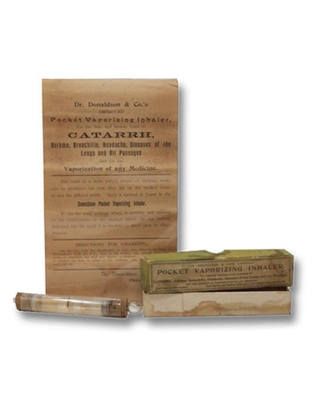 Dr. Donaldson & Co's. (Improved) Pocket Vaporizing Inhaler. For Applying Medicines in the Treatment of Catarrh, Asthma, Bronchitis, Headache, Diseases of the Lungs and Air Passages, and the Effectual Vaporization of Any Medicine.