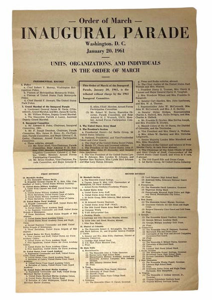 Order of March Inaugural Parade, Washington, D.C., January 20, 1961