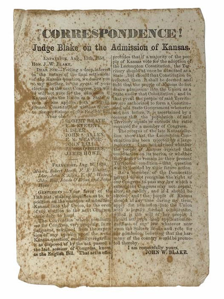 Correspondence! Judge Blake on the Admission of Kansas.