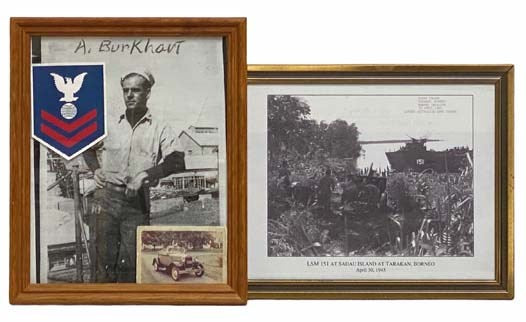 World War II Era Pocket Journal with Two  9" x 11" Framed Photographs: Arnold Francis Baker, EM2 on the USS LSM-151; LSM-151 at Sadau Island at Tarakan, Borneo, April 30, 1945.