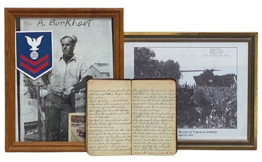 World War II Era Pocket Journal with Two  9" x 11" Framed Photographs: Arnold Francis Baker, EM2 on the USS LSM-151; LSM-151 at Sadau Island at Tarakan, Borneo, April 30, 1945.
