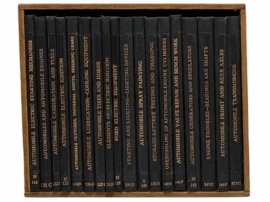 1920s - 1940s Automotive Textbook Set, in 18 Volumes: Automobile Electric Starting Mechanism; Automobiles and Automobile Engines; Automobile Carburation and Fuels; Automobile Electric Ignition; Automobile Clutches, Universal Joints, Steering Gears; Autom…