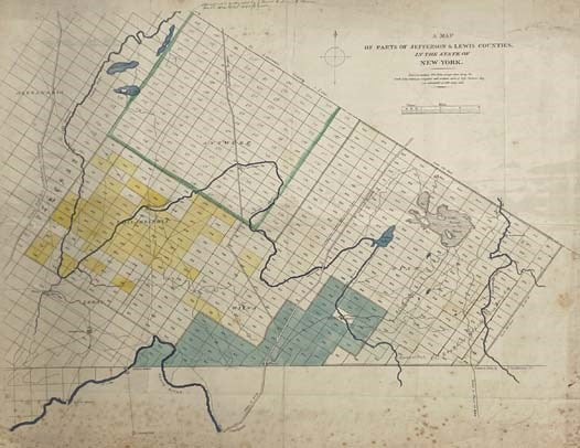 A Map of Parts of Jefferson and Lewis Counties, in the State of New York. Drawn on Stone, by H. Van Merrbeke [ca. 1855?]. Plat Map, 18 1/2 X 24, with Town Boundaries and Lakes and Rivers Colored and with Sections of Lots Washed in Yellow and Green.