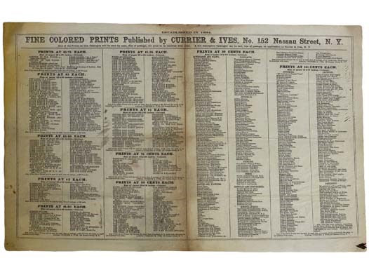 Fine Colored Prints Published by Currier & Ives, No. 152 Nassau Street, N.Y., 1834, Single Sheet Broadside