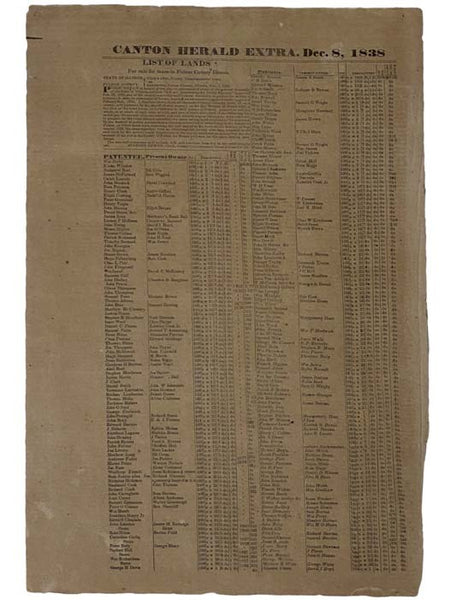 Canton Herald Extra, Dec. 8, 1838, List of Lands for Sale for Taxes in Fulton County, Illinois, Single Sheet