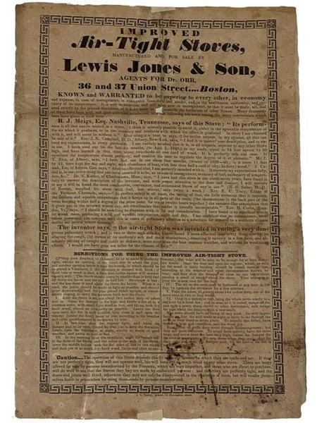 Improved Air-Tight Stoves, Manufactured and For Sale by Lewis Jones & Son, Single Sheet Broadside