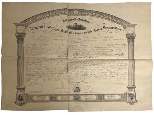 Commonwealth of Pennsylvania Autographs of the Officers of State Members of the Senate and House of Representatives, 1862, Two Single Sheets