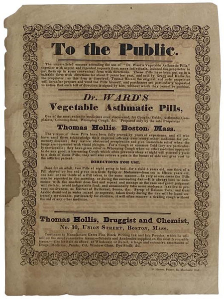 Dr. Ward's Vegetable Asthmatic Pills, Prepared by Thomas Hollis, Druggist and Chemist, Boston, Mass., Single Sheet