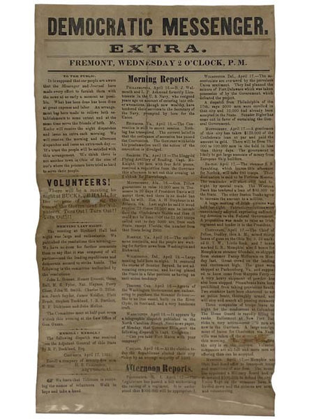 Democratic Messenger, Extra, Fremont, Wednesday 2 O'clock, P.M., 1861, Single Sheet [Ohio]