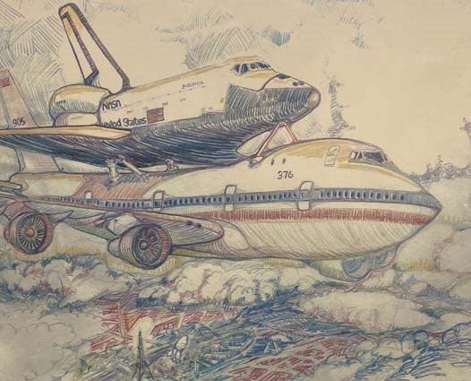 Framed Print of NASA Space Shuttle Enterprise Transported by Jumbo Jet at the Paris Art Show, Signed by Official NASA Artist Walter S. Taylor