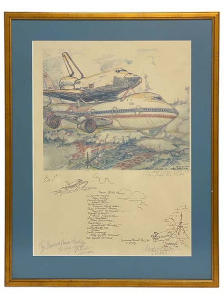 Framed Print of NASA Space Shuttle Enterprise Transported by Jumbo Jet at the Paris Art Show, Signed by Official NASA Artist Walter S. Taylor