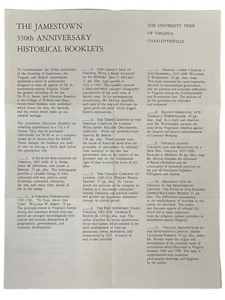 The Jamestown 350th Anniversary Historical Booklets, Complete in 23 Volumes: A Selected Bibliography of Virginia, 1607-1699; A Virginia Chronology 1585-1783: 'To Pass Away the Time.'; John Smith's Map of Virginia, with a Brief Account of Its History; The…