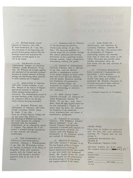 The Jamestown 350th Anniversary Historical Booklets, Complete in 23 Volumes: A Selected Bibliography of Virginia, 1607-1699; A Virginia Chronology 1585-1783: 'To Pass Away the Time.'; John Smith's Map of Virginia, with a Brief Account of Its History; The…