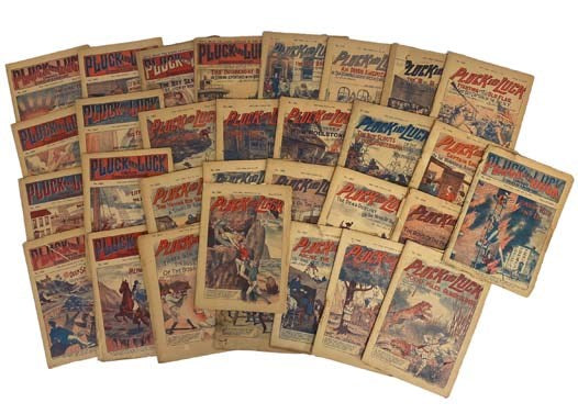 Pluck and Luck: Stories of Adventure, 31 Non-Consecutive Volumes: November 7, 1912, No. 1327; July 2, 1924, No. 1361; July 15, 1925, No. 1415; February 10, 1926, No. 1445; February 24, 1926, No. 1447; March 3, 1926, No. 1448; June 9, 1926, No. 1462; June…