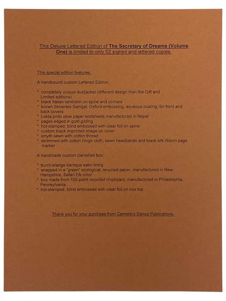 The Secretary of Dreams, Volume One [1]: Deluxe Lettered Edition, Signed Publisher's Copy