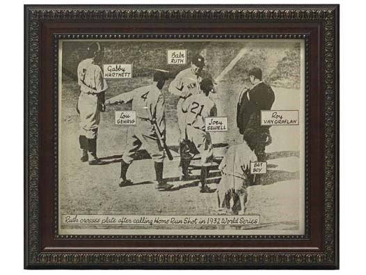Framed Black-and-White Photocopy of Photograph of Babe Ruth's Home Run in 1932 World Series